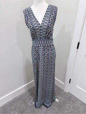 Max Studio Navy and White Printed V-Neck Maxi Dress